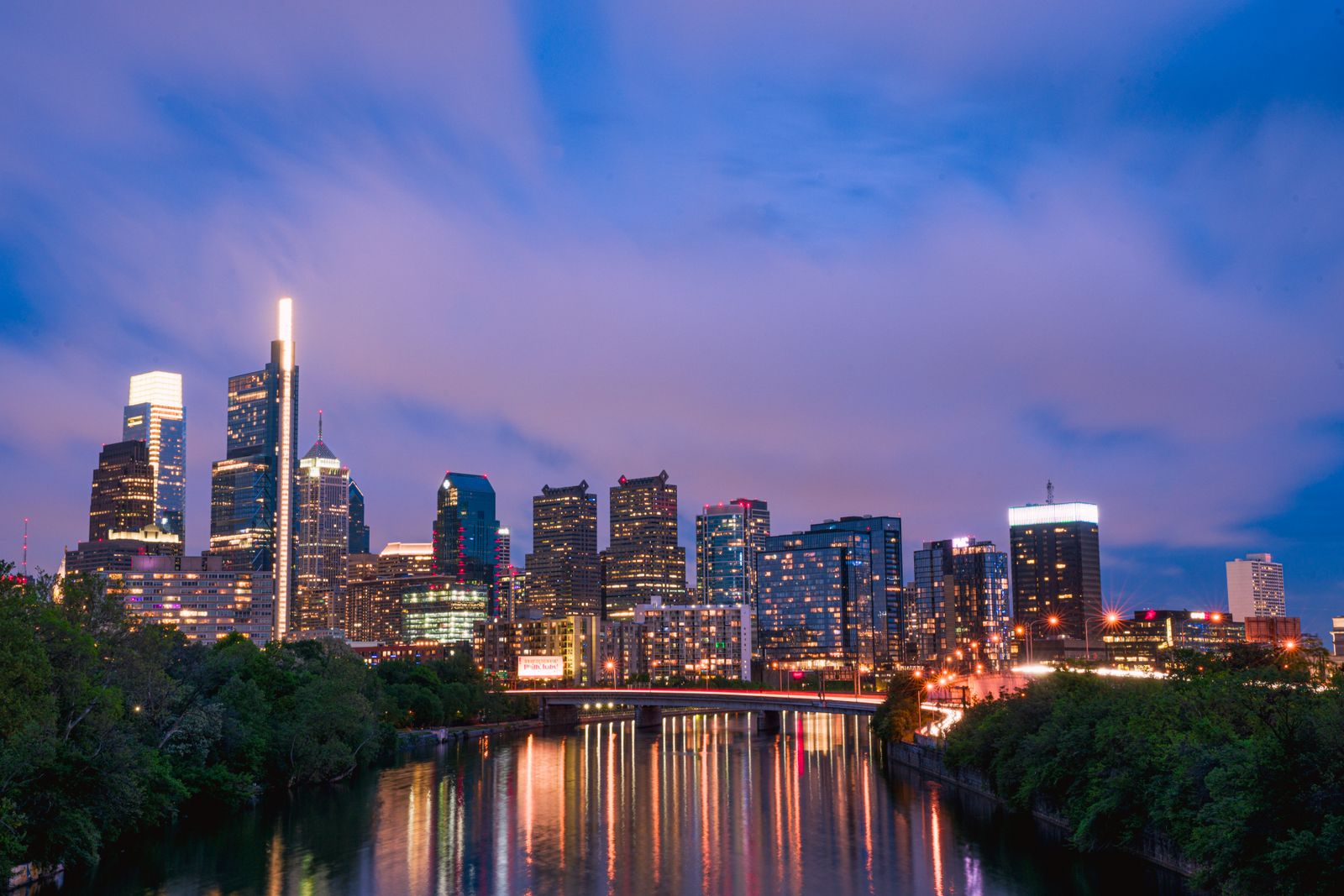 The Philadelphia skyline at dusk from across the Schuylkill